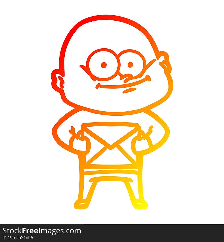 Warm Gradient Line Drawing Cartoon Bald Man Staring With Letter