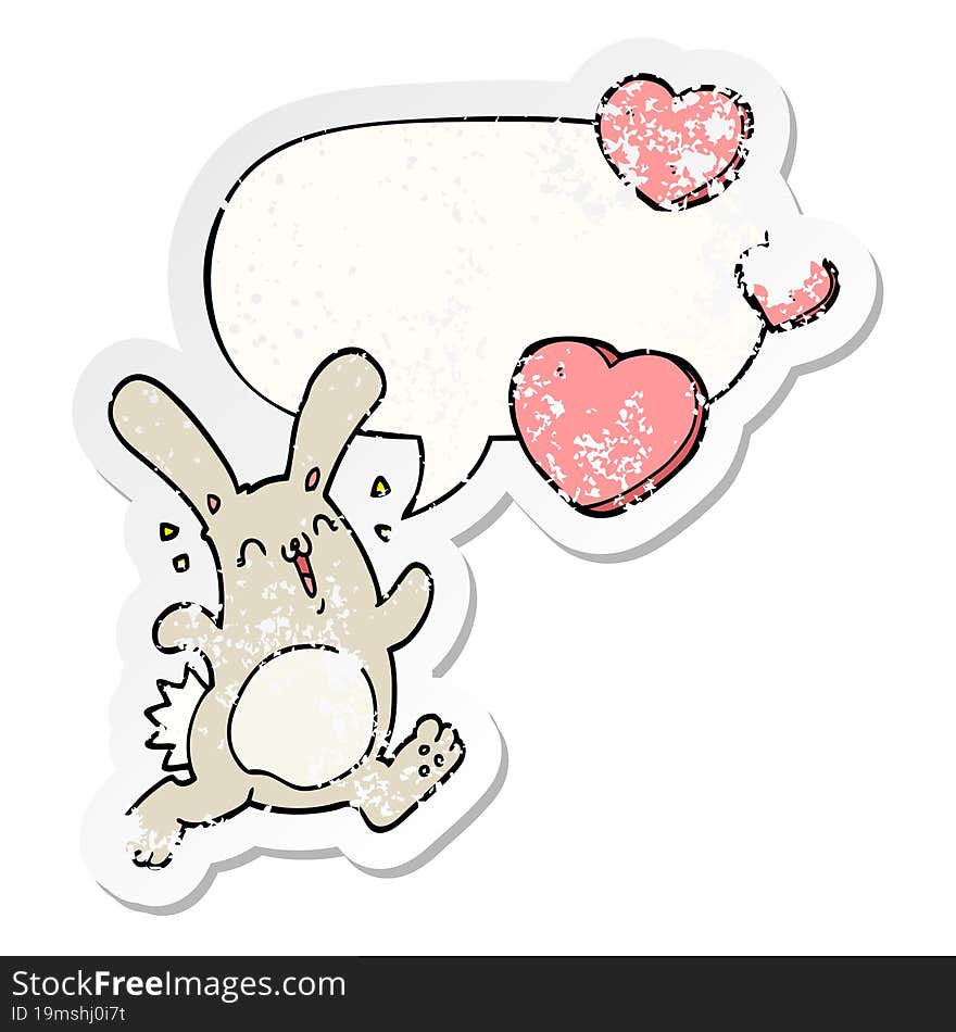 cartoon rabbit in love with speech bubble distressed distressed old sticker. cartoon rabbit in love with speech bubble distressed distressed old sticker