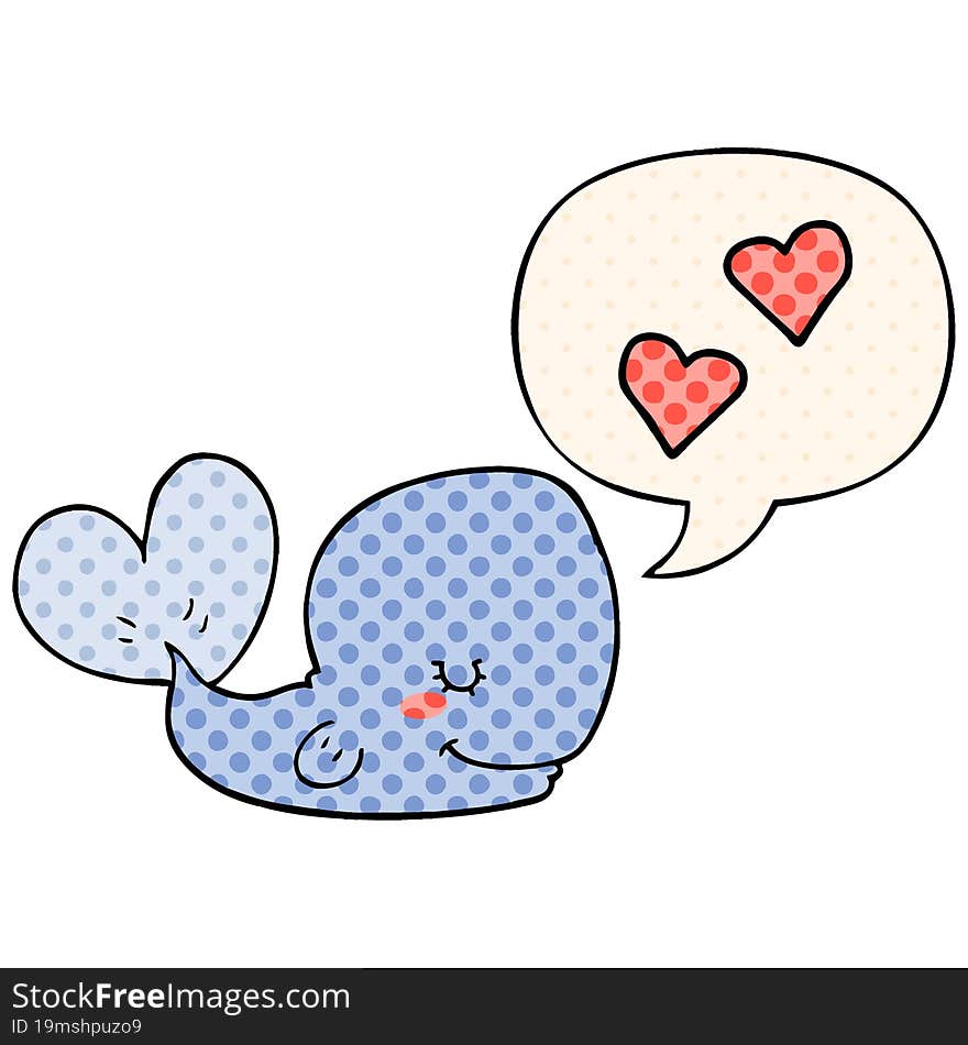 cartoon whale in love and speech bubble in comic book style