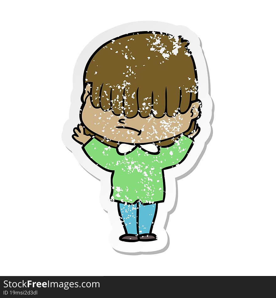 distressed sticker of a cartoon boy with untidy hair