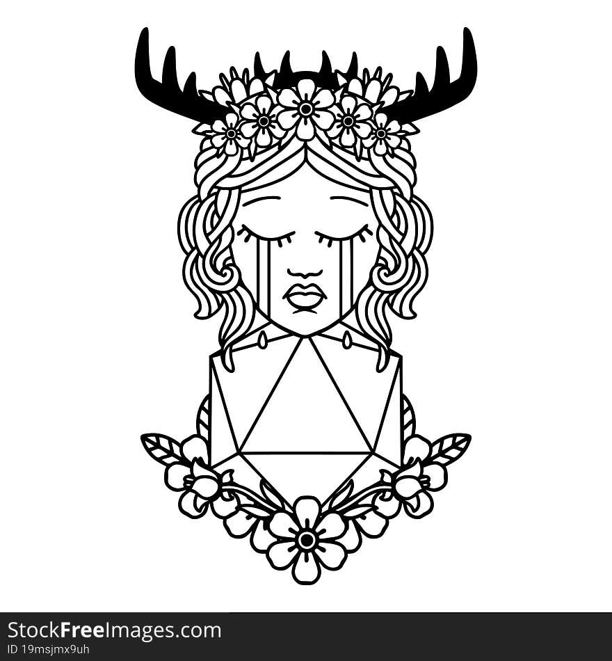 Black and White Tattoo linework Style crying human druid with natural one D20 roll. Black and White Tattoo linework Style crying human druid with natural one D20 roll