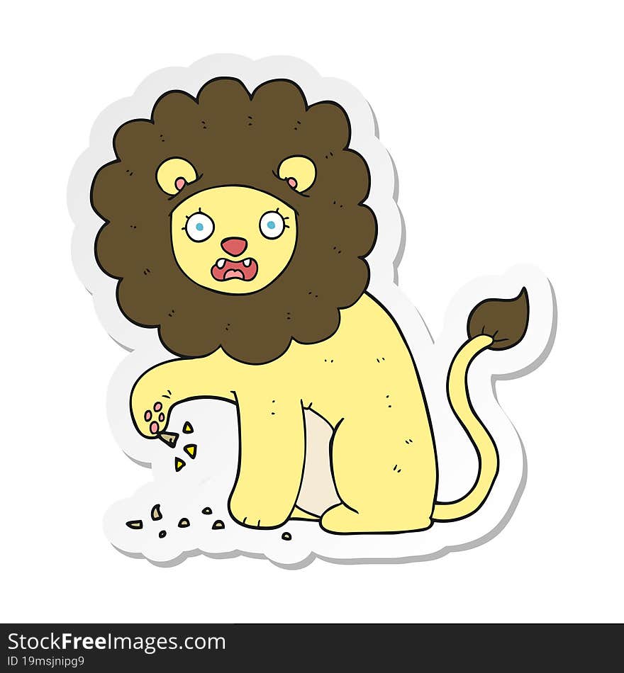sticker of a cartoon lion with thorn in foot