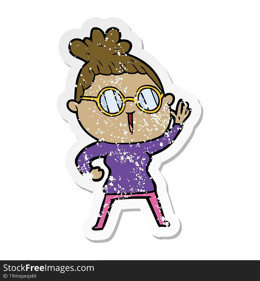 distressed sticker of a cartoon woman wearing spectacles