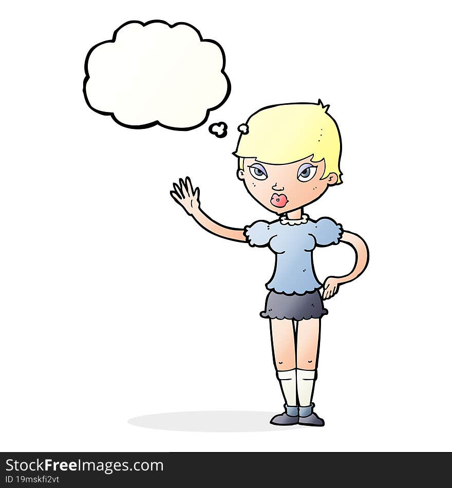 cartoon woman waving with thought bubble