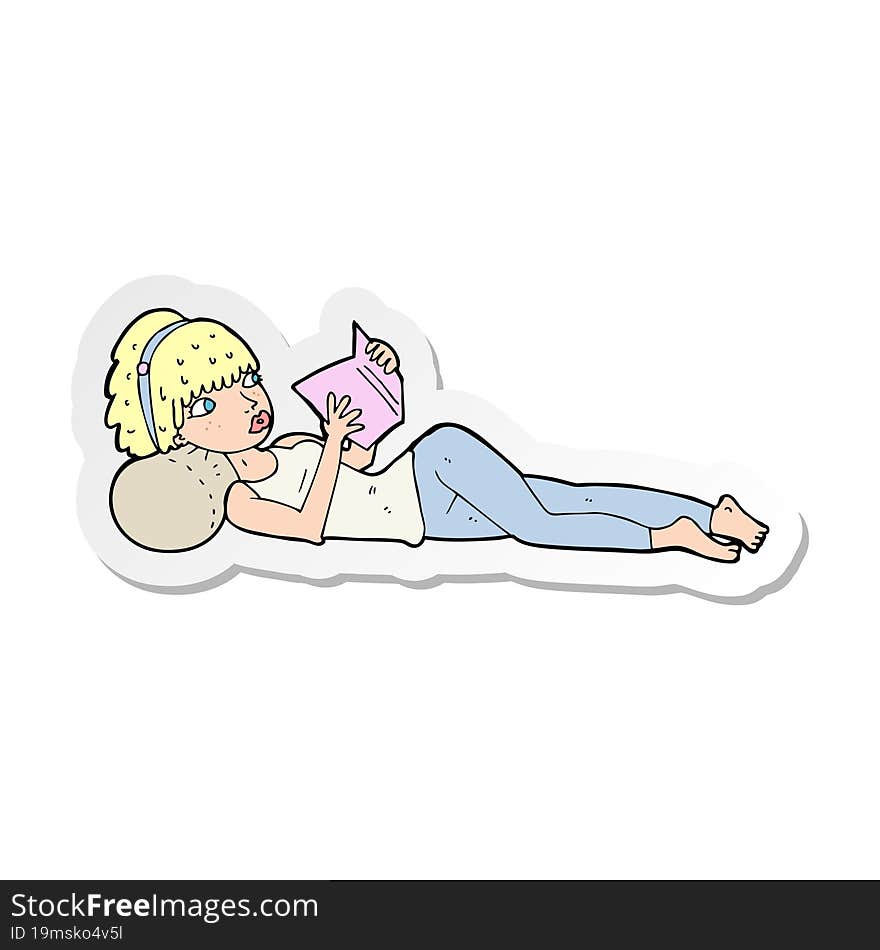 sticker of a cartoon pretty woman reading book