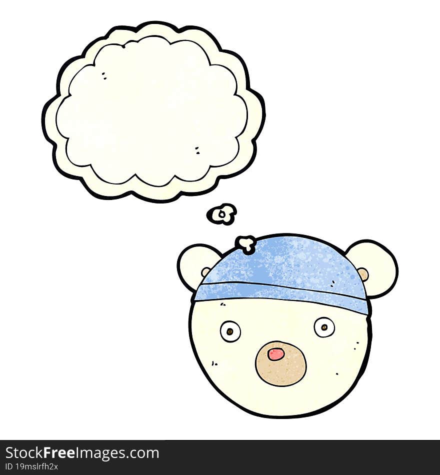 cartoon polar bear cub wearing hat with thought bubble