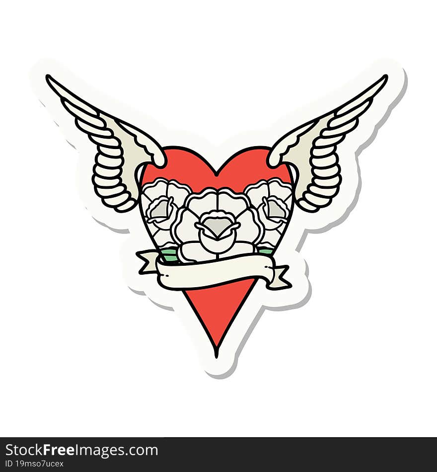 sticker of tattoo in traditional style of a flying heart with flowers and banner. sticker of tattoo in traditional style of a flying heart with flowers and banner