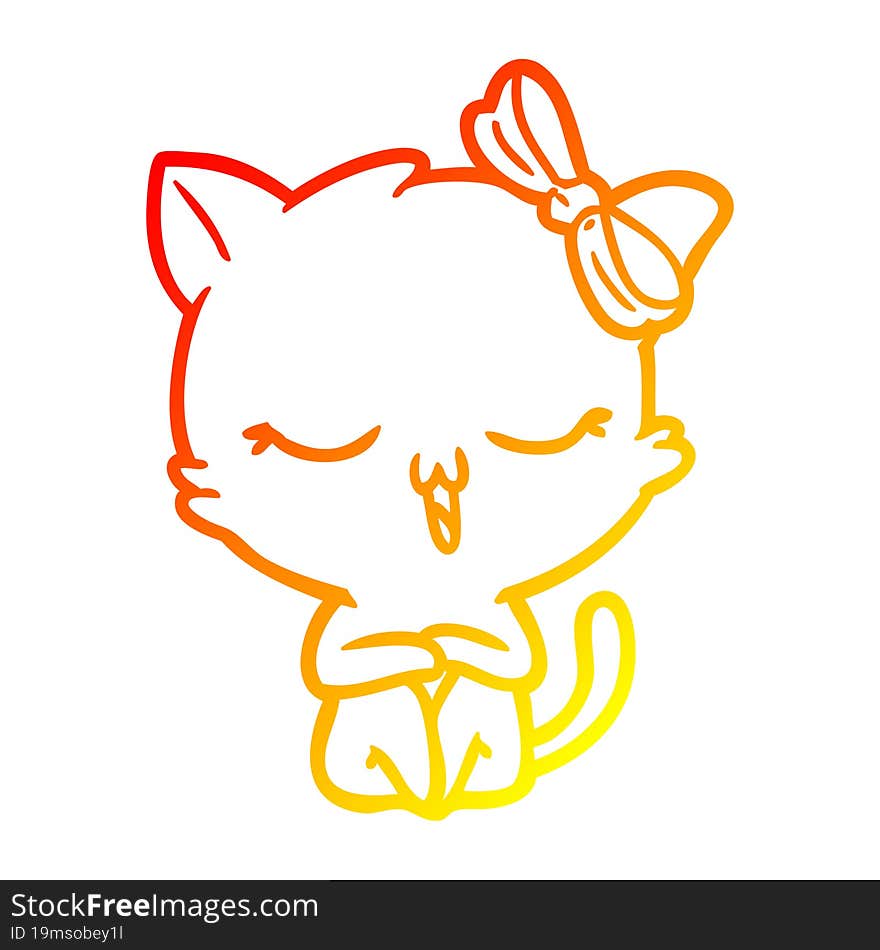 Warm Gradient Line Drawing Cartoon Cat With Bow On Head