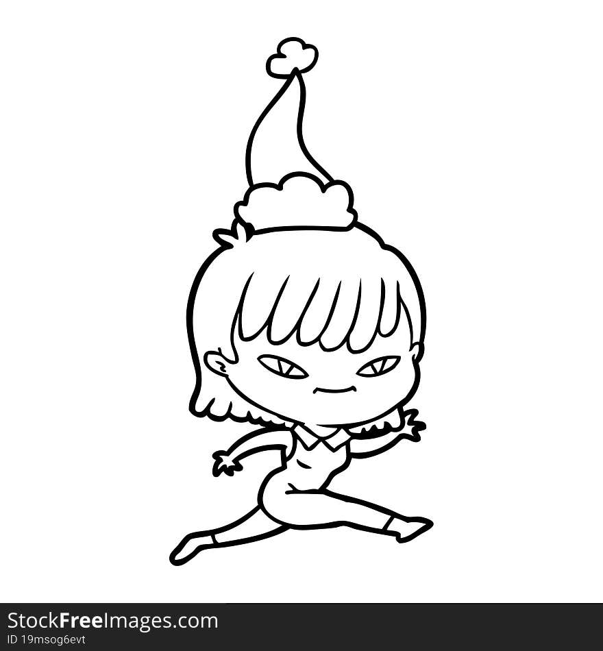 hand drawn line drawing of a woman wearing santa hat