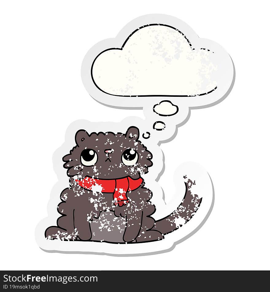 cartoon cat and thought bubble as a distressed worn sticker