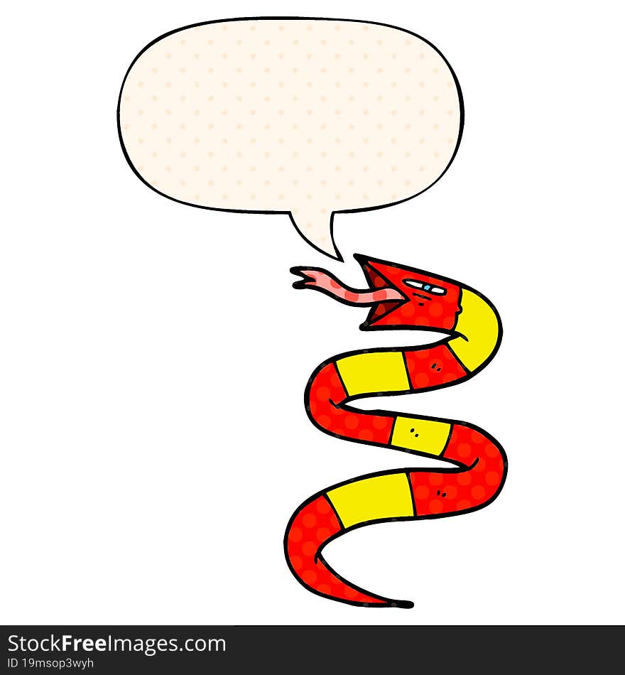 hissing cartoon snake and speech bubble in comic book style