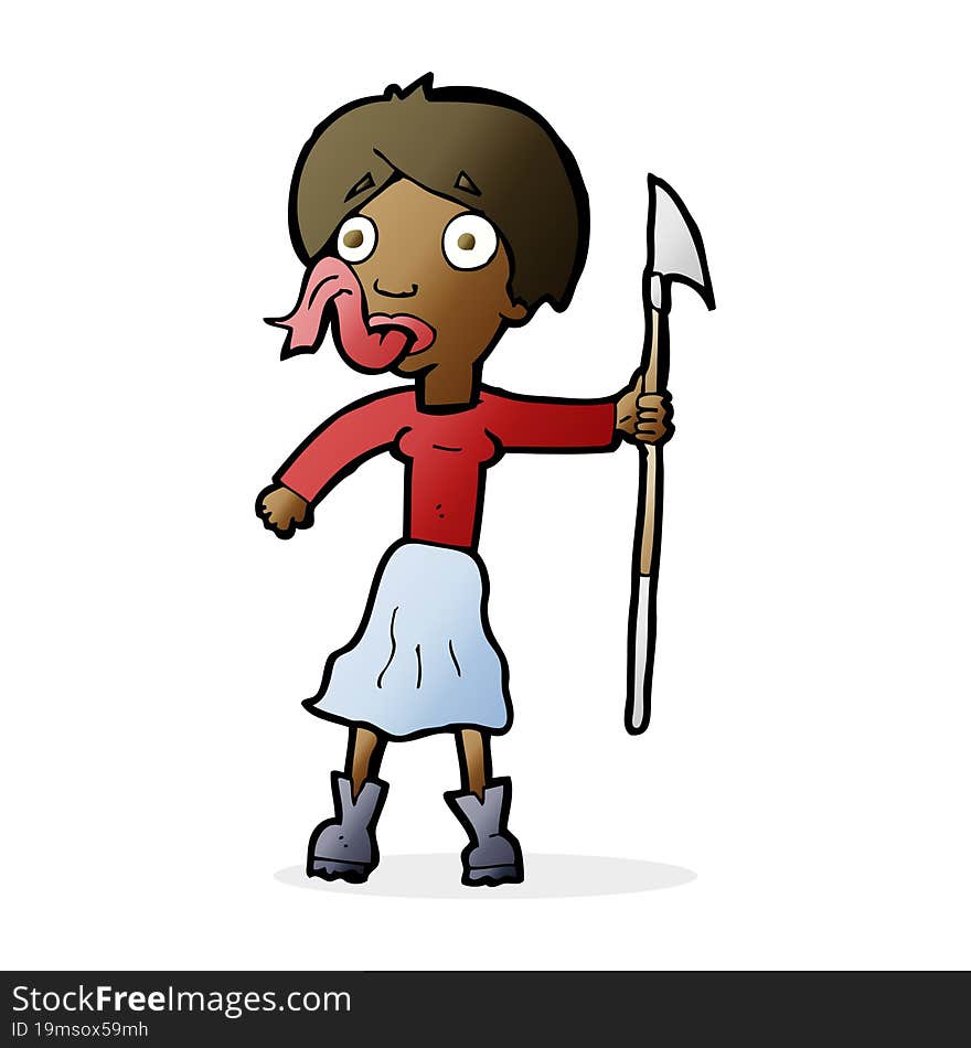 cartoon woman with spear sticking out tongue