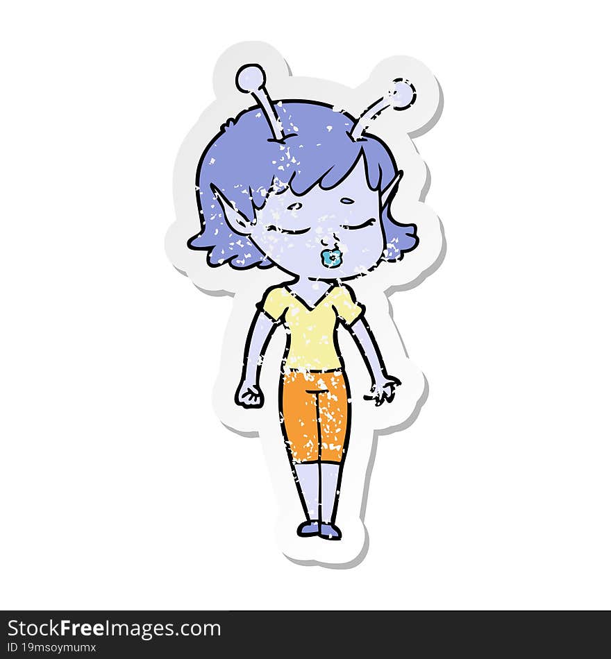 distressed sticker of a cute alien girl cartoon