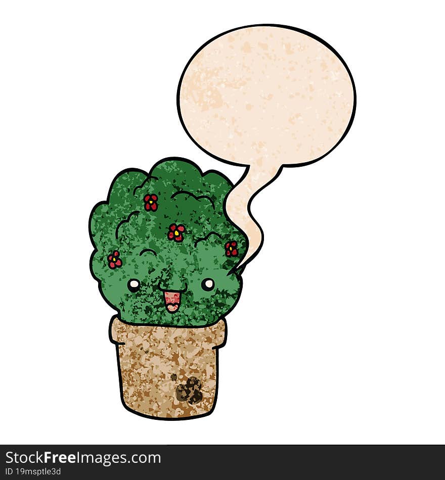 cartoon shrub in pot and speech bubble in retro texture style