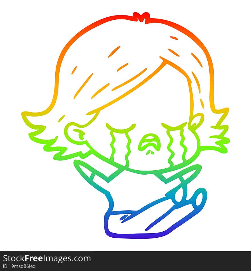 Rainbow Gradient Line Drawing Cartoon Girl Crying