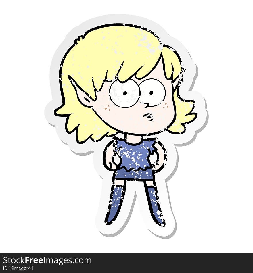 distressed sticker of a cartoon elf girl staring