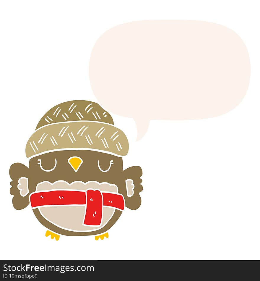 cute cartoon owl in hat and speech bubble in retro style