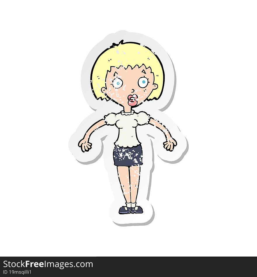 Retro Distressed Sticker Of A Cartoon Confused Woman Shrugging Shoulders