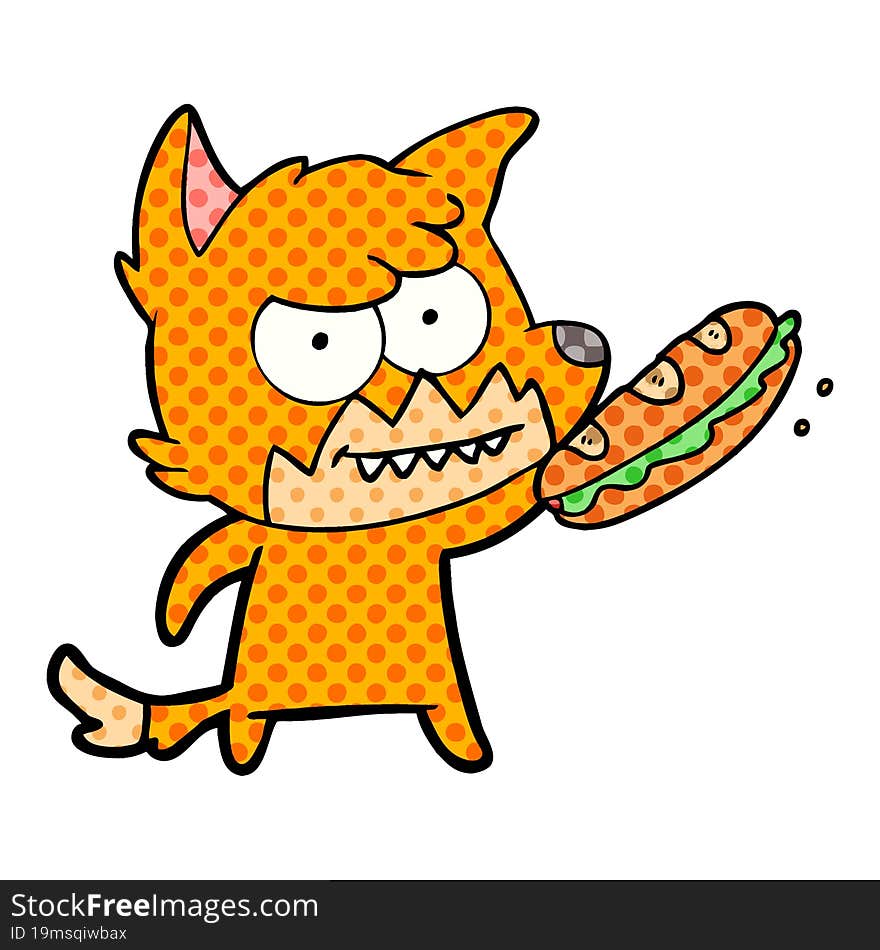 cartoon grinning fox with sandwich. cartoon grinning fox with sandwich