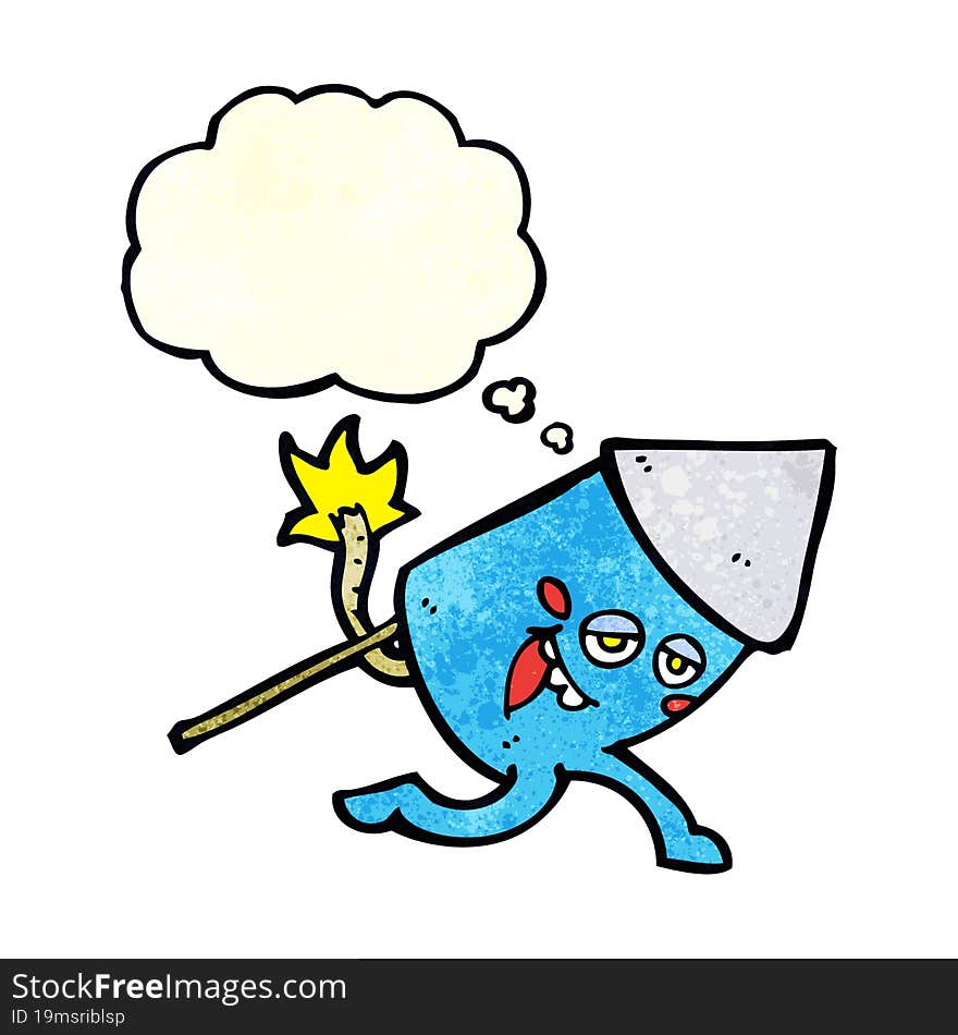 cartoon funny firework character with thought bubble