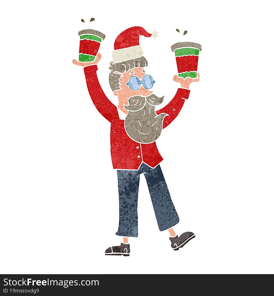 Retro Cartoon Man With Coffee Cups At Christmas