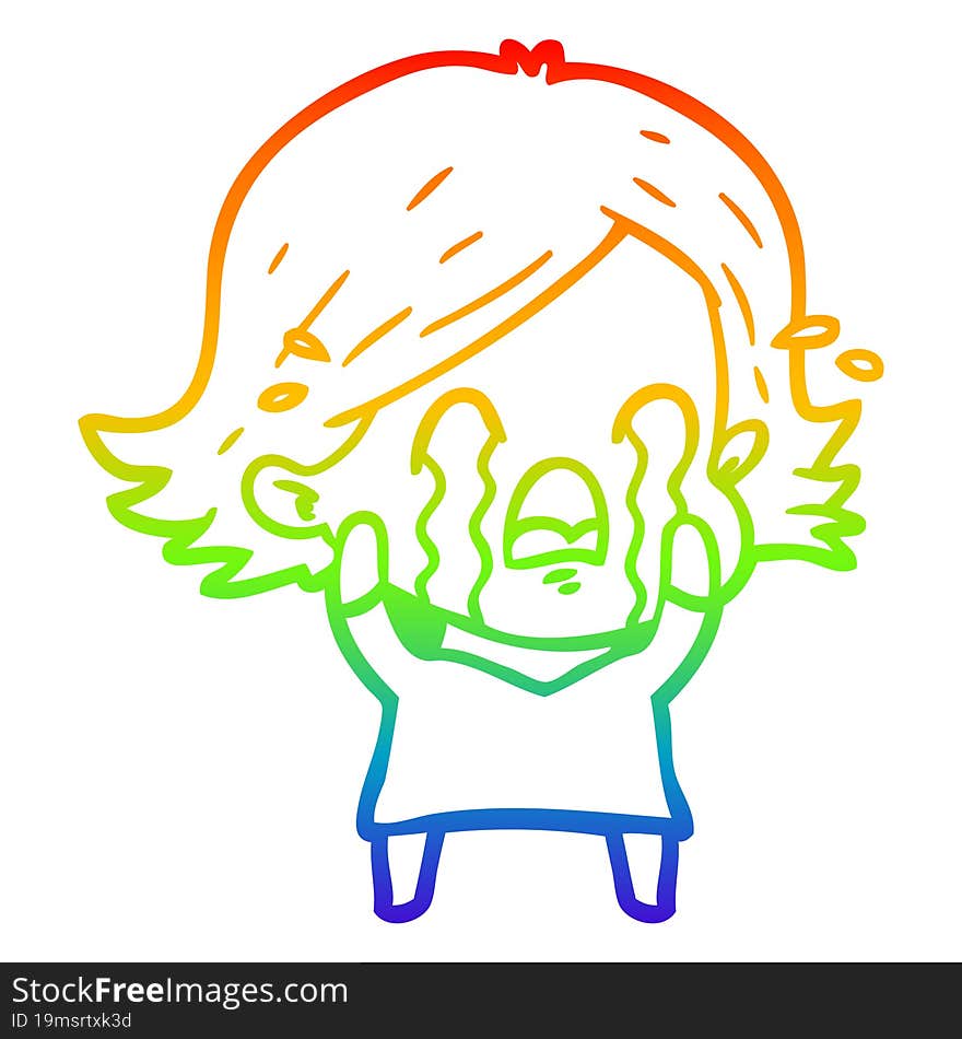 rainbow gradient line drawing of a cartoon woman crying