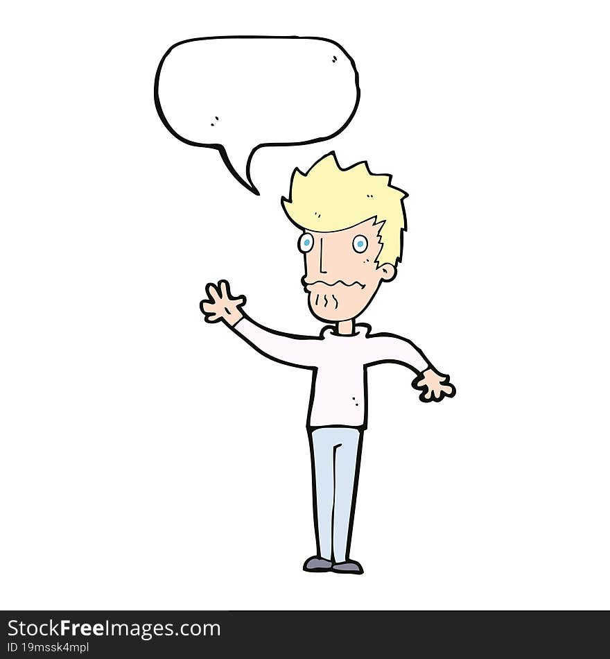 Cartoon Worried Man Reaching Out With Speech Bubble