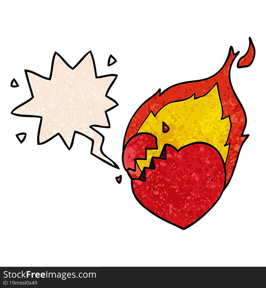 cartoon flaming heart and speech bubble in retro texture style