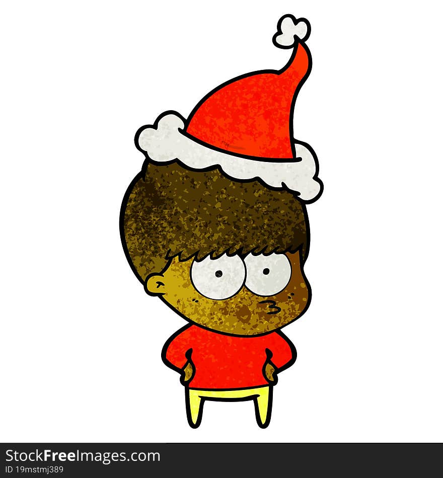 nervous textured cartoon of a boy wearing santa hat