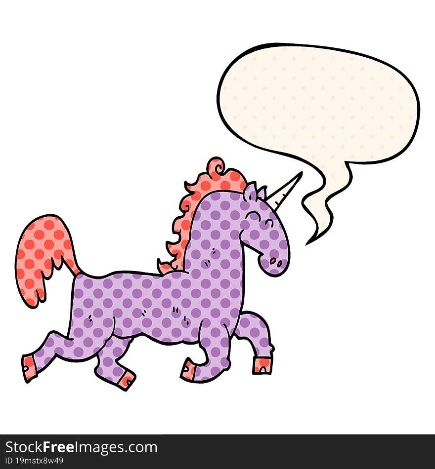 cartoon unicorn and speech bubble in comic book style