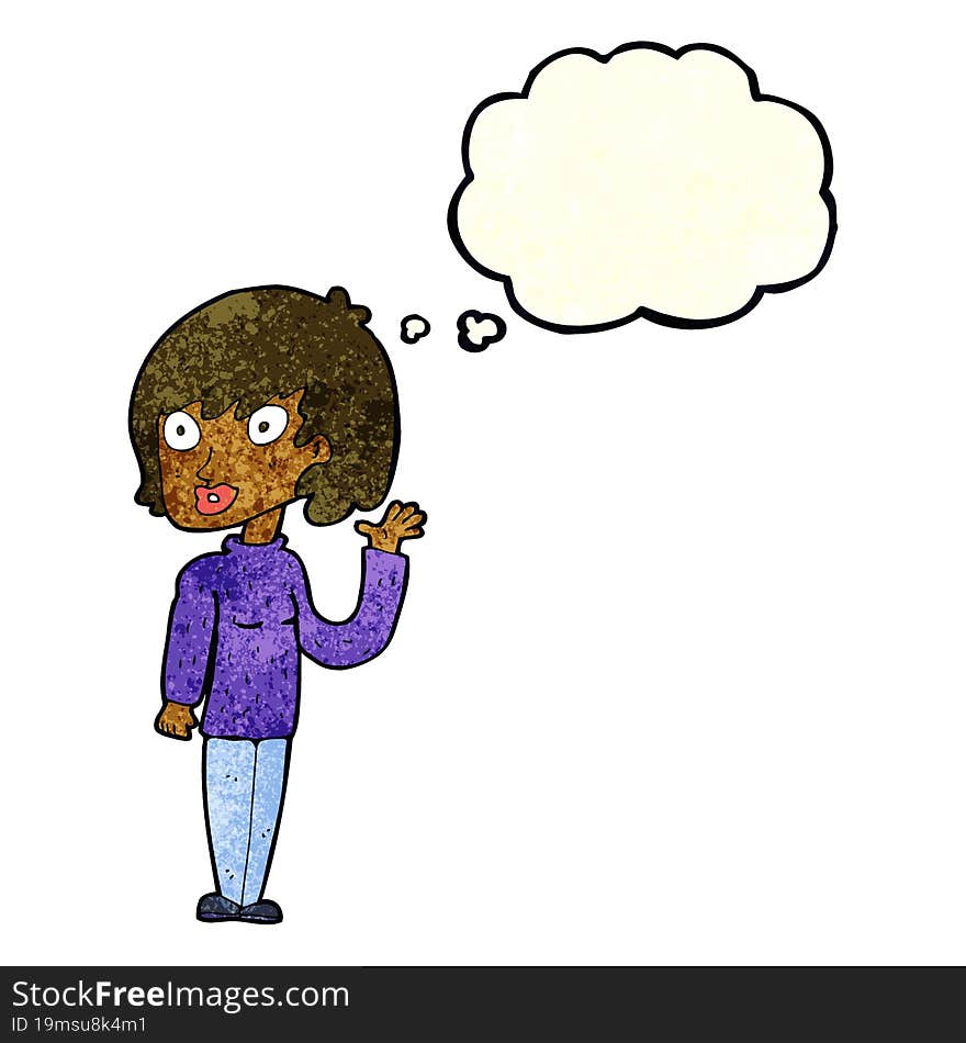 cartoon waving woman with thought bubble