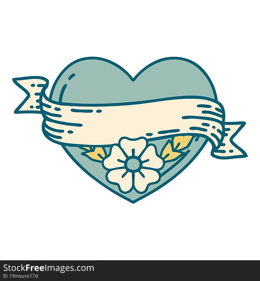 iconic tattoo style image of a heart and banner with flowers. iconic tattoo style image of a heart and banner with flowers