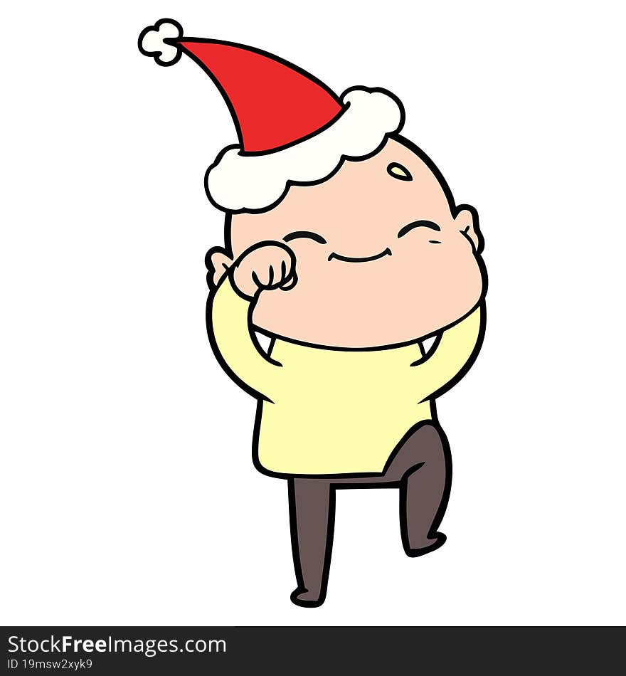 happy line drawing of a bald man wearing santa hat