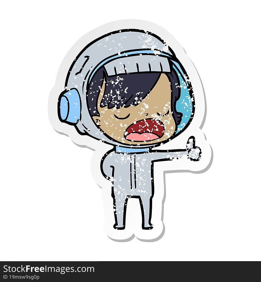 distressed sticker of a cartoon astronaut woman explaining