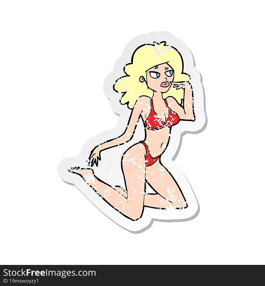 Retro Distressed Sticker Of A Cartoon Woman In Underwear Looking Thoughtful