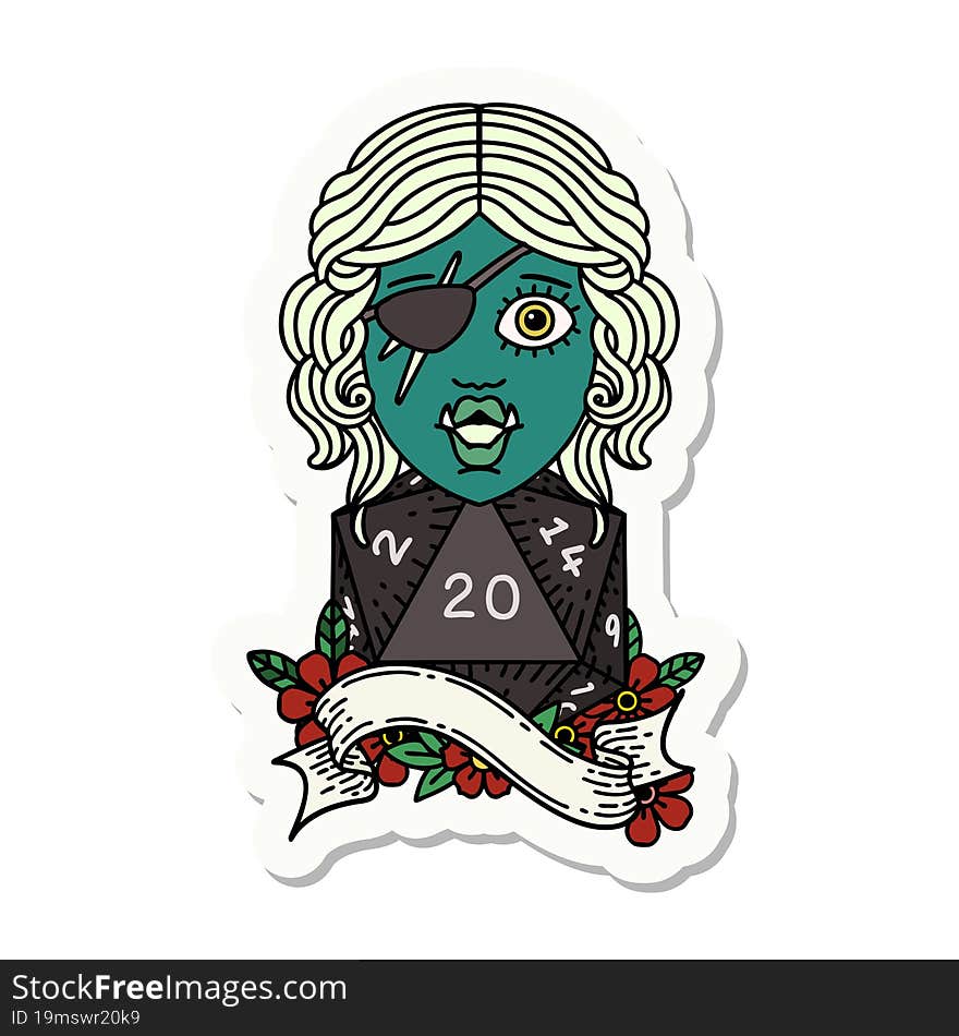 sticker of a orc rogue character with natural twenty dice roll. sticker of a orc rogue character with natural twenty dice roll