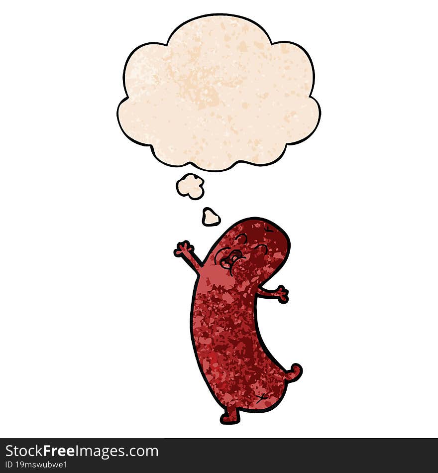 cartoon dancing sausage and thought bubble in grunge texture pattern style