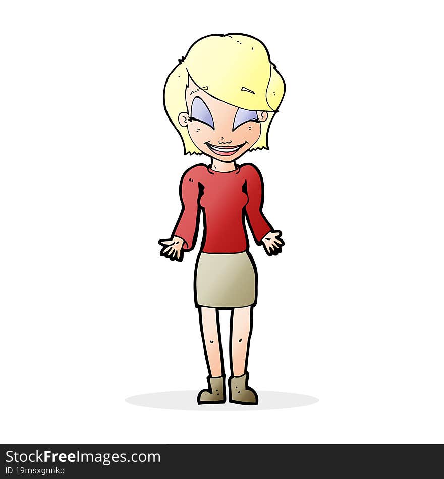 cartoon happy woman shrugging shoulders