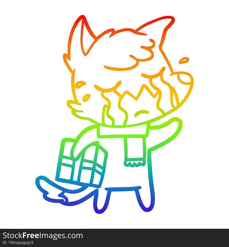 Rainbow Gradient Line Drawing Crying Christmas Fox Cartoon