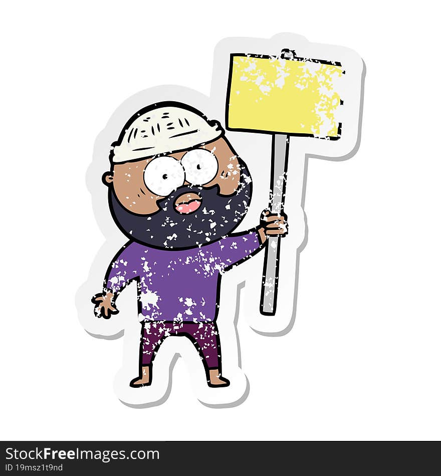 distressed sticker of a cartoon bearded man with signpost