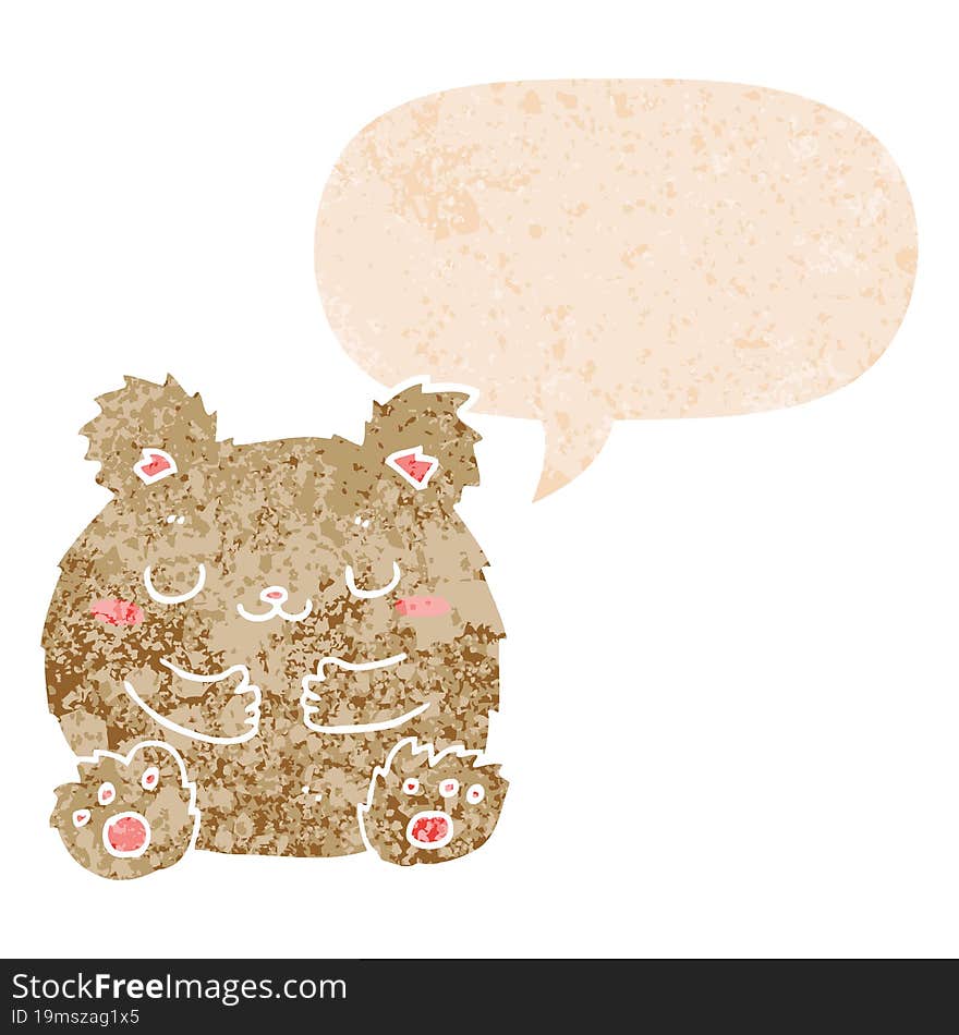 cute cartoon bear and speech bubble in retro textured style