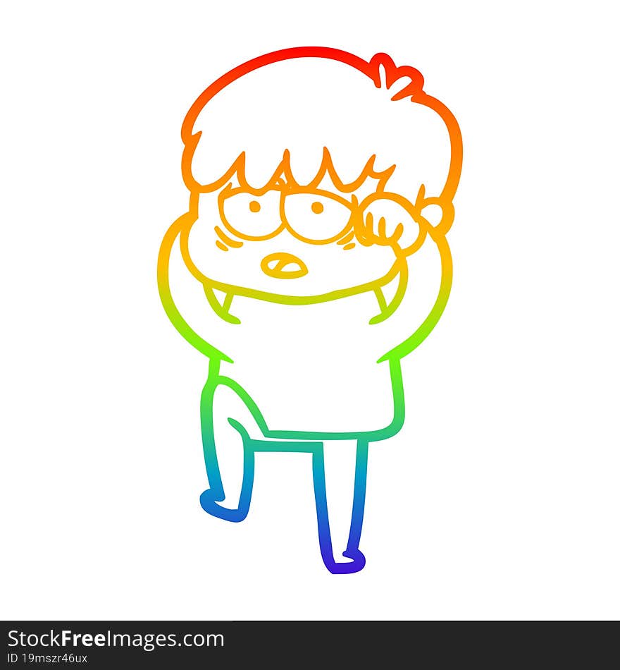 rainbow gradient line drawing cartoon exhausted boy