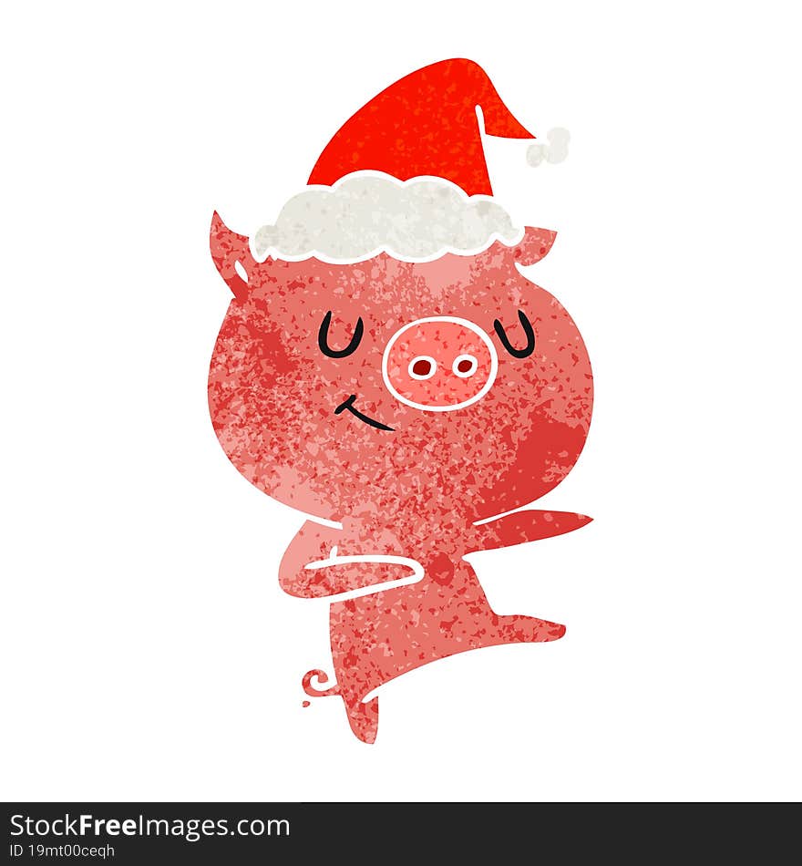 Happy Retro Cartoon Of A Pig Dancing Wearing Santa Hat