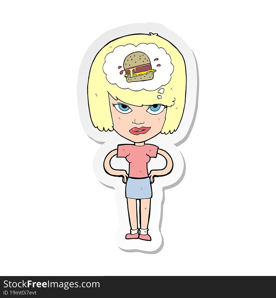 sticker of a cartoon woman thinking about junk food