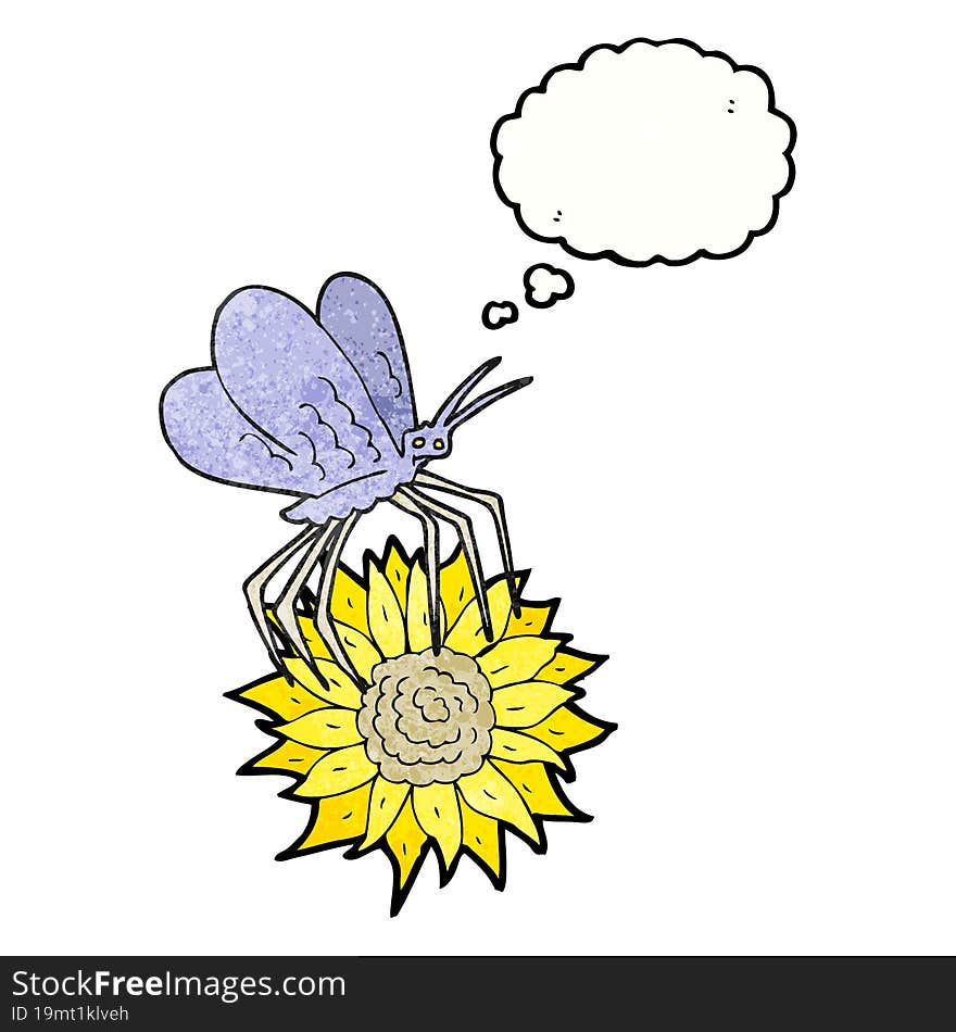 freehand drawn thought bubble textured cartoon butterfly on flower