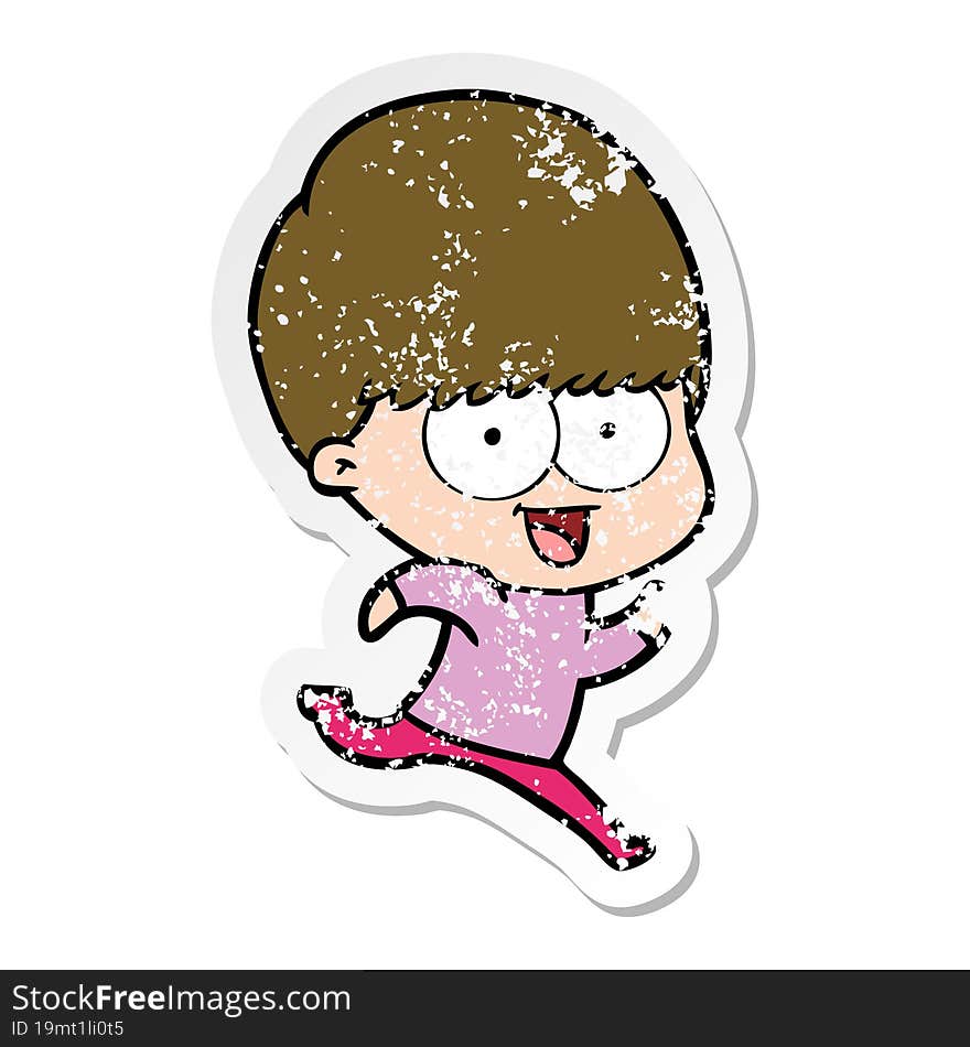 distressed sticker of a happy cartoon boy running