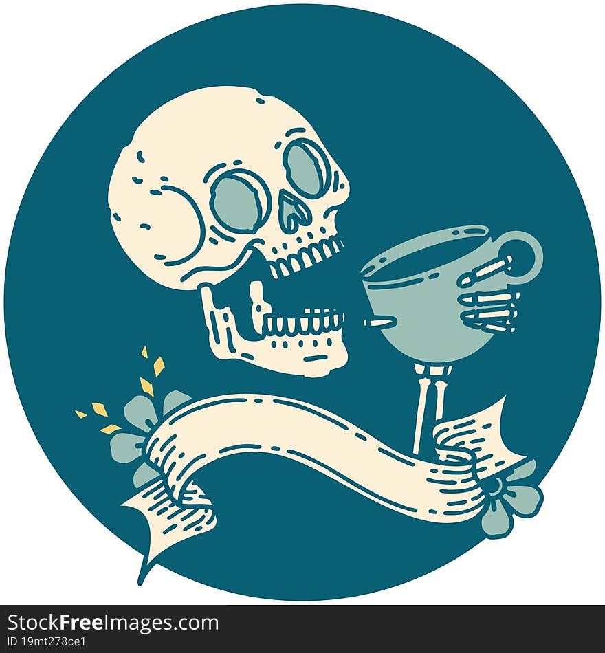 Icon With Banner Of A Skull Drinking Coffee