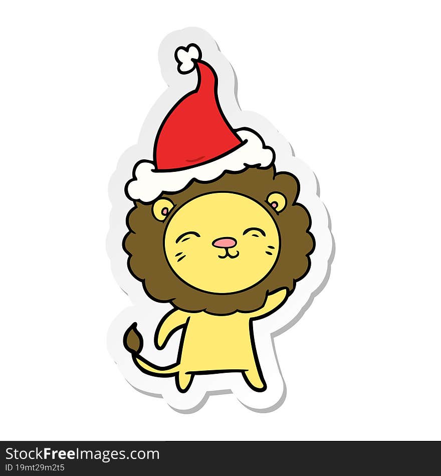 hand drawn sticker cartoon of a lion wearing santa hat