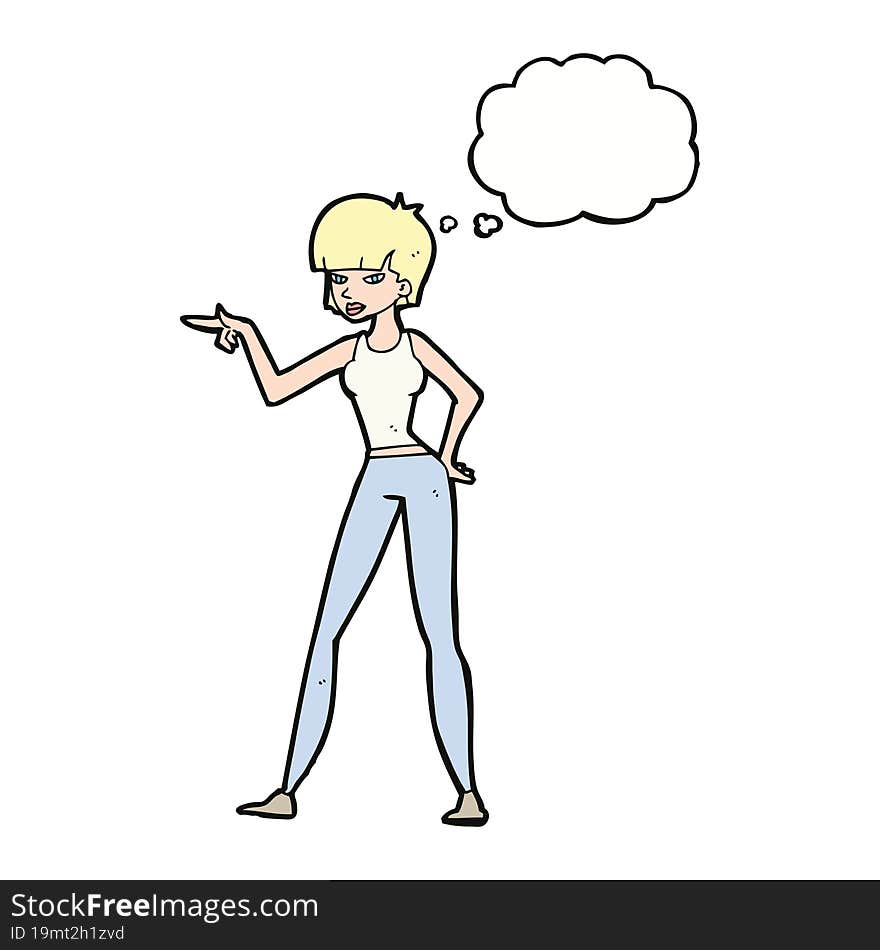 cartoon woman pointing with thought bubble