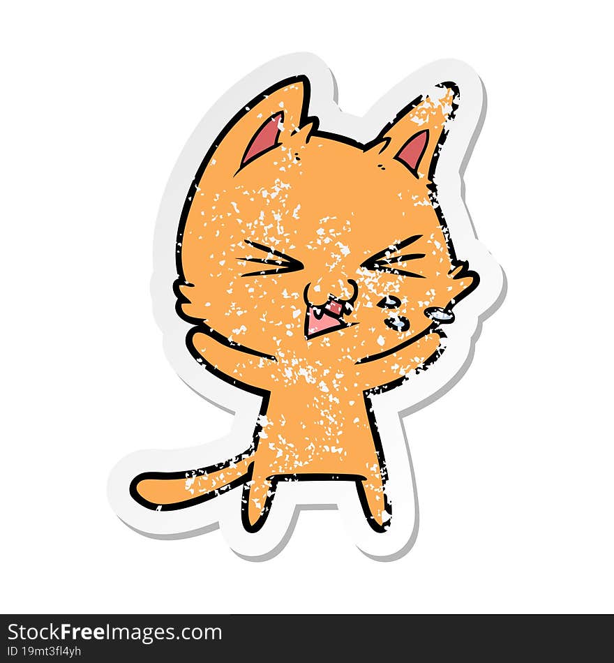 distressed sticker of a cartoon cat hissing